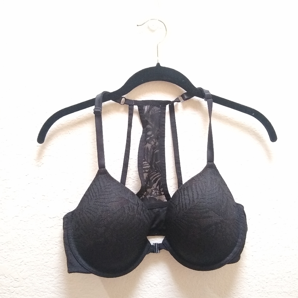 Victoria’s Secret PINK Black Lace T Back Halter Lightly Lined Underwire Bra 34D